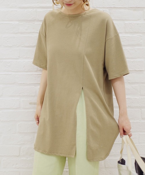 DouDou(ドゥドゥ)の「2WAYスリット7分T(Tシャツ/カットソー・レディース・オフホワイト/ピンク/カーキ/グレー系その他/グレー/バイオレット/サンドベージュ・FREE)」の1枚目の写真