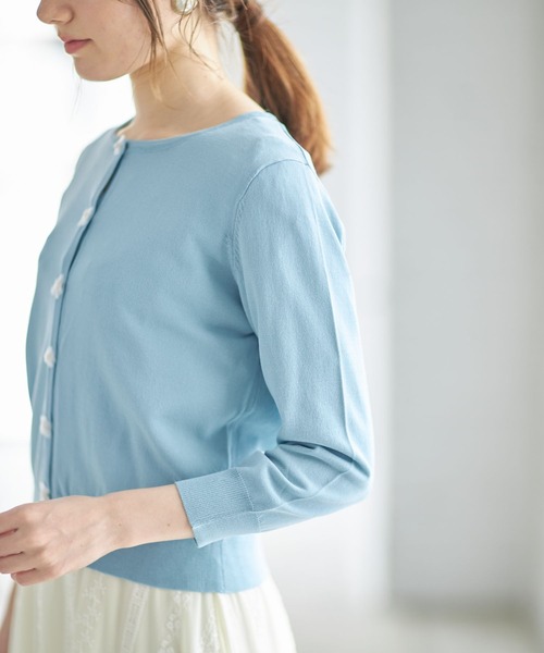 tocco closet（トッコ　クローゼット）の「パール付きオーガンジーフラワーモチーフ装飾七分袖カーディガン（カーディガン/ボレロ・レディース・ブルー/オフホワイト/ピンク/レモンイエロー・M）」の11枚目の写真