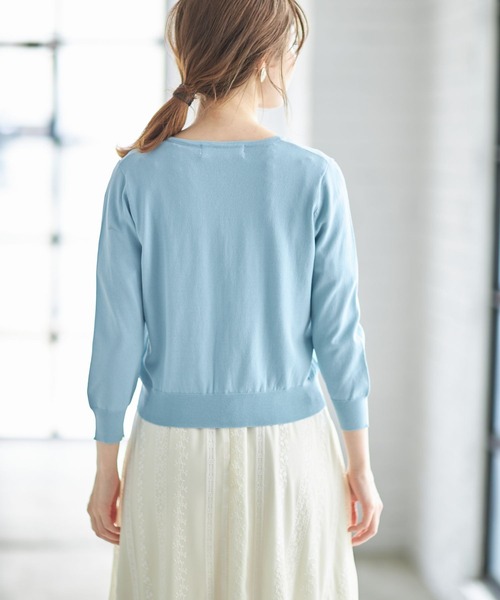 tocco closet（トッコ　クローゼット）の「パール付きオーガンジーフラワーモチーフ装飾七分袖カーディガン（カーディガン/ボレロ・レディース・ブルー/オフホワイト/ピンク/レモンイエロー・M）」の12枚目の写真