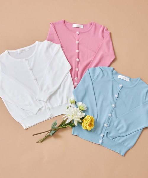 tocco closet（トッコ　クローゼット）の「パール付きオーガンジーフラワーモチーフ装飾七分袖カーディガン（カーディガン/ボレロ・レディース・ブルー/オフホワイト/ピンク/レモンイエロー・M）」の16枚目の写真