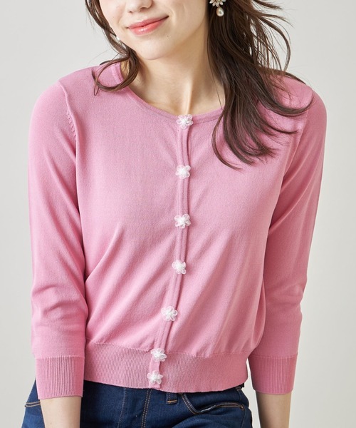 tocco closet（トッコ　クローゼット）の「パール付きオーガンジーフラワーモチーフ装飾七分袖カーディガン（カーディガン/ボレロ・レディース・ブルー/オフホワイト/ピンク/レモンイエロー・M）」の14枚目の写真