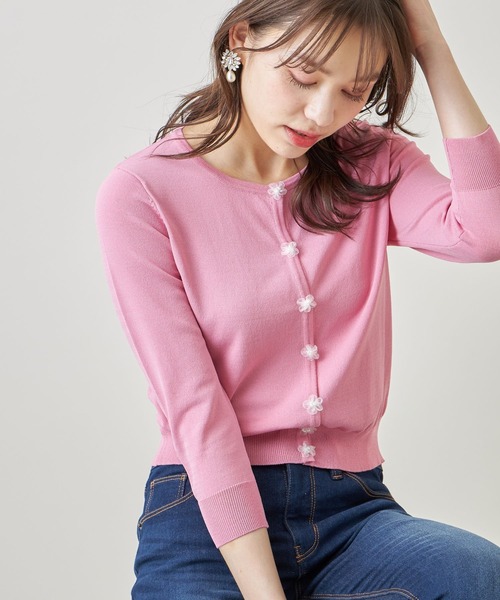 tocco closet（トッコ　クローゼット）の「パール付きオーガンジーフラワーモチーフ装飾七分袖カーディガン（カーディガン/ボレロ・レディース・ブルー/オフホワイト/ピンク/レモンイエロー・M）」の15枚目の写真