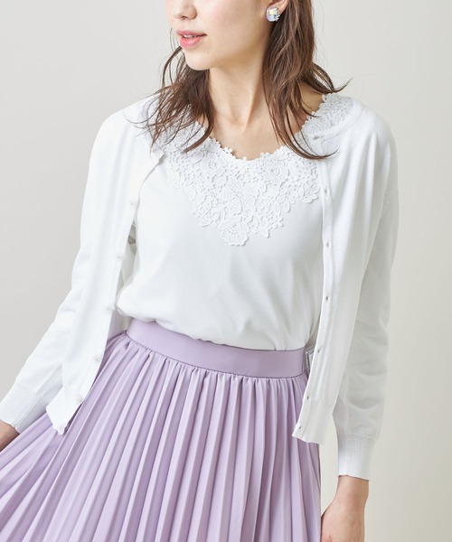 tocco closet（トッコ　クローゼット）の「パール付きオーガンジーフラワーモチーフ装飾七分袖カーディガン（カーディガン/ボレロ・レディース・ブルー/オフホワイト/ピンク/レモンイエロー・M）」の5枚目の写真