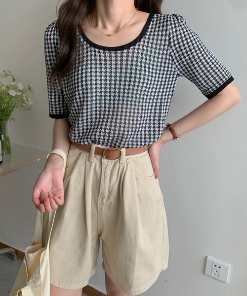 Jewelobe（ジュエローブ）の「千鳥コンパクトニットプルオーバー（ニット/セーター・レディース・ブラック/サックスブルー/パープル/グリーン/イエロー・FREE）」の12枚目の写真