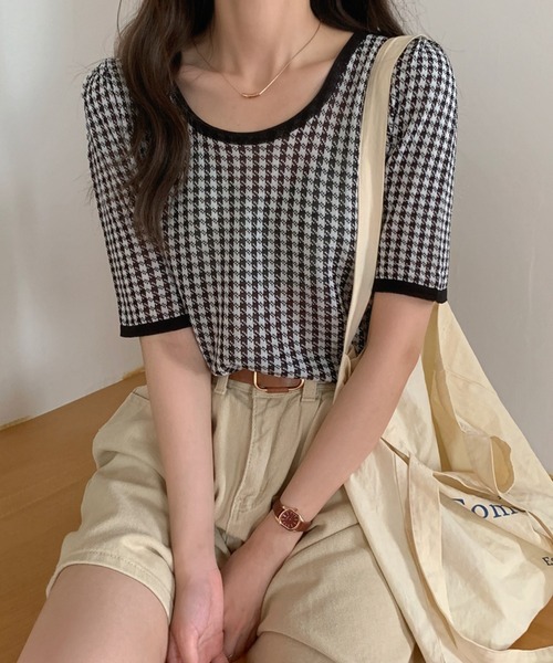 Jewelobe（ジュエローブ）の「千鳥コンパクトニットプルオーバー（ニット/セーター・レディース・ブラック/サックスブルー/パープル/グリーン/イエロー・FREE）」の15枚目の写真