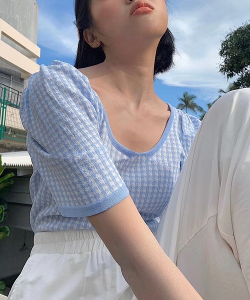 Jewelobe（ジュエローブ）の「千鳥コンパクトニットプルオーバー（ニット/セーター・レディース・ブラック/サックスブルー/パープル/グリーン/イエロー・FREE）」の18枚目の写真
