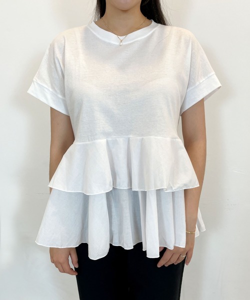 CEMONEMO（セモネモ）の「裾フリル 切り替え 半袖 カットソー（Tシャツ/カットソー・レディース・ブラック/ホワイト・FREE）」の7枚目の写真