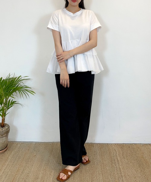 CEMONEMO（セモネモ）の「裾フリル 切り替え 半袖 カットソー（Tシャツ/カットソー・レディース・ブラック/ホワイト・FREE）」の11枚目の写真
