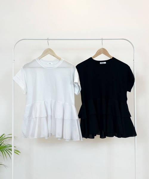 CEMONEMO（セモネモ）の「裾フリル 切り替え 半袖 カットソー（Tシャツ/カットソー・レディース・ブラック/ホワイト・FREE）」の15枚目の写真