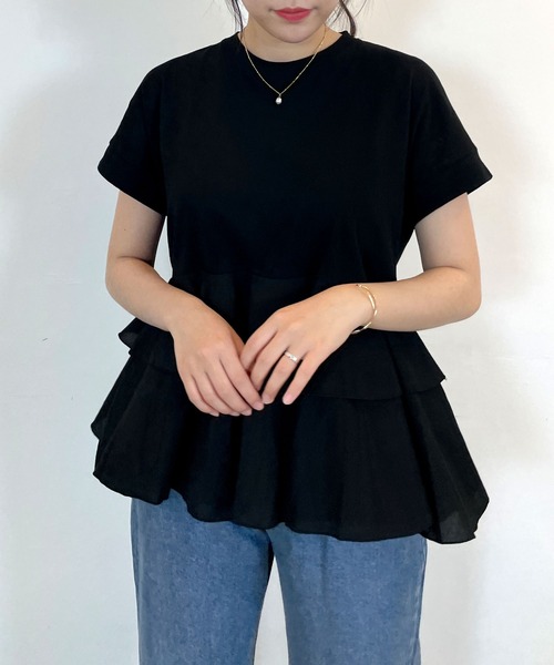 CEMONEMO（セモネモ）の「裾フリル 切り替え 半袖 カットソー（Tシャツ/カットソー・レディース・ブラック/ホワイト・FREE）」の16枚目の写真