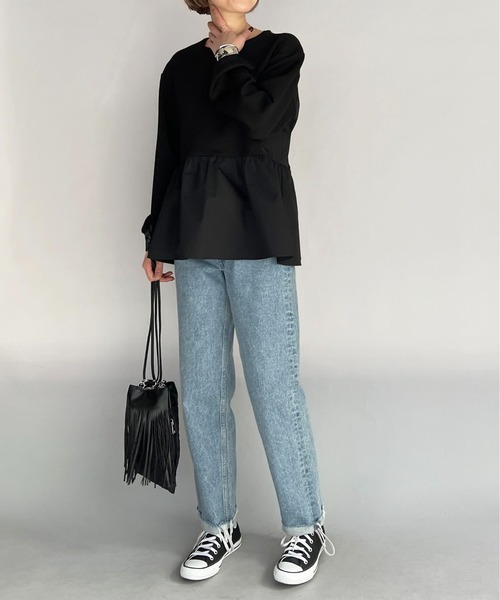 PICCIN（ピッチン）の「ボンディングペプラムカットソー（Tシャツ/カットソー・レディース・ブラック/オフホワイト・M）」の9枚目の写真