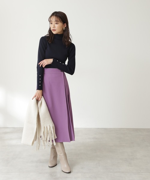 N.（N. Natural Beauty Basic）（エヌエヌナチュラルビューティーベーシック）の「◆配色ステッチラップ風プリーツスカート（スカート・レディース・オフホワイト/ライトグリーン/パープル・MEDIUM）」の4枚目の写真