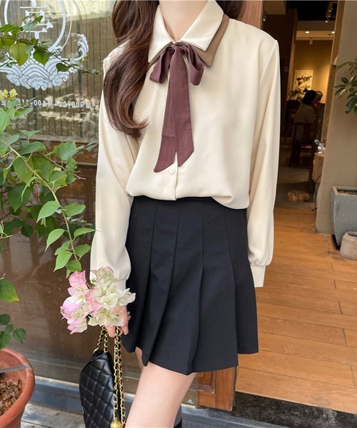 VIBGYOR Women（ヴィブジョー　ウィメン）の「【KOREA SELECT】リボンタイ付き バイカラー シャツ（シャツ/ブラウス・レディース・ホワイト/ブラック/ベージュ・FREE）」の3枚目の写真