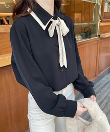 【KOREA SELECT】リボンタイ付き バイカラー シャツ