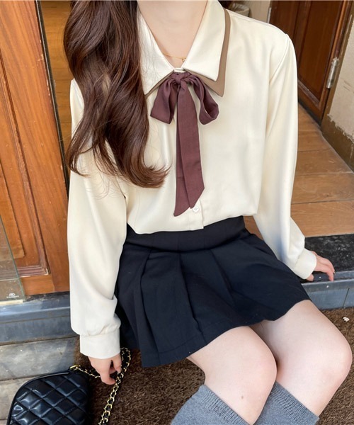 VIBGYOR Women（ヴィブジョー　ウィメン）の「【KOREA SELECT】リボンタイ付き バイカラー シャツ（シャツ/ブラウス・レディース・ホワイト/ブラック/ベージュ・FREE）」の11枚目の写真