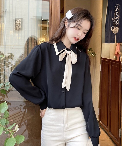 VIBGYOR Women（ヴィブジョー　ウィメン）の「【KOREA SELECT】リボンタイ付き バイカラー シャツ（シャツ/ブラウス・レディース・ホワイト/ブラック/ベージュ・FREE）」の7枚目の写真