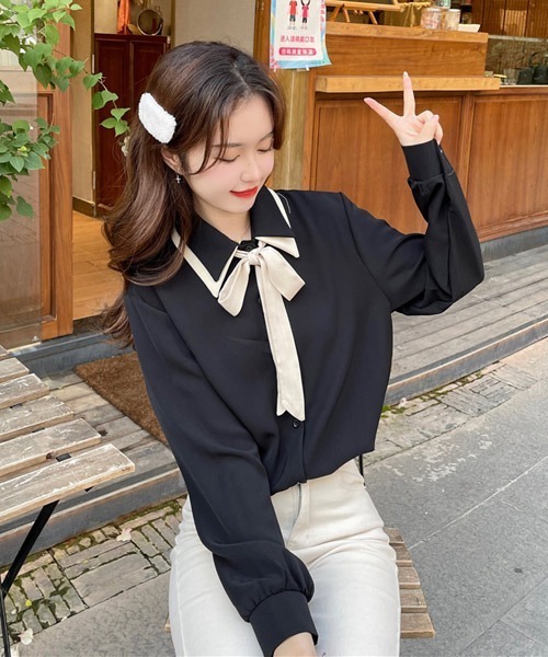 VIBGYOR Women（ヴィブジョー　ウィメン）の「【KOREA SELECT】リボンタイ付き バイカラー シャツ（シャツ/ブラウス・レディース・ホワイト/ブラック/ベージュ・FREE）」の20枚目の写真