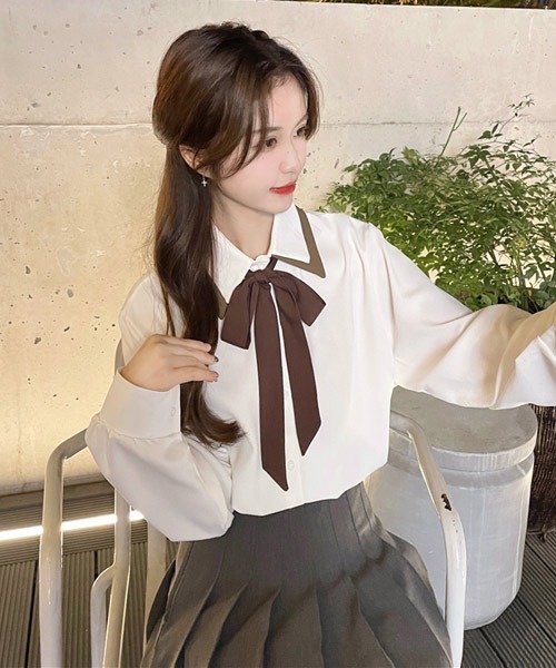 VIBGYOR Women（ヴィブジョー　ウィメン）の「【KOREA SELECT】リボンタイ付き バイカラー シャツ（シャツ/ブラウス・レディース・ホワイト/ブラック/ベージュ・FREE）」の16枚目の写真