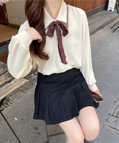 VIBGYOR Women（ヴィブジョー　ウィメン）の「【KOREA SELECT】リボンタイ付き バイカラー シャツ（シャツ/ブラウス・レディース・ホワイト/ブラック/ベージュ・FREE）」の6枚目の写真