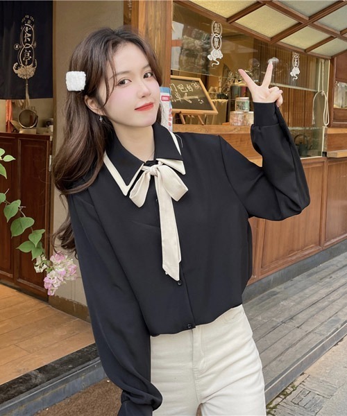 VIBGYOR Women（ヴィブジョー　ウィメン）の「【KOREA SELECT】リボンタイ付き バイカラー シャツ（シャツ/ブラウス・レディース・ホワイト/ブラック/ベージュ・FREE）」の13枚目の写真