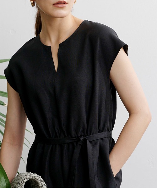 リネンライクヘンリーネックオールインワン