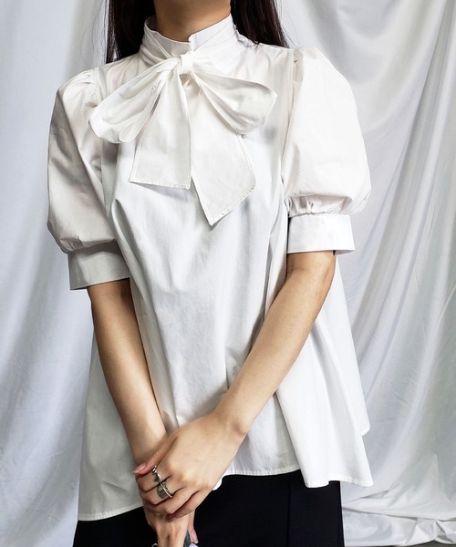 me+em select（ミームセレクト）の「【 ２way ／  5color  】ビッグリボンハイネックパフスリーブフレアブラウス（シャツ/ブラウス・レディース・ホワイト/ブラック/ベージュ/ピンク/モカ・FREE）」の22枚目の写真