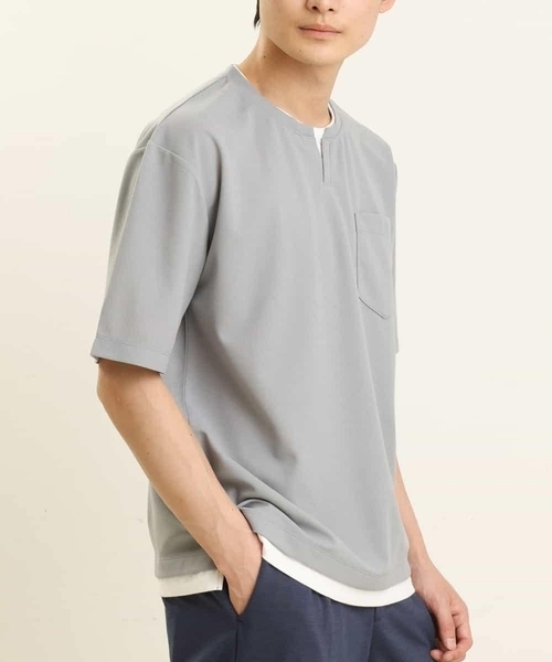 a.v.v（アーヴェヴェ）の「【S-XXL/涼感/ドライタッチ】梨地フェイクレイヤードカットソー（Tシャツ/カットソー・メンズ・グレー/ブルー/ミント/オレンジ/グリーン・50/48/52/44/46）」の2枚目の写真