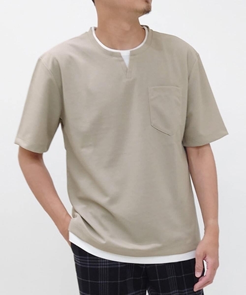 a.v.v（アーヴェヴェ）の「【S-XXL/涼感/ドライタッチ】梨地フェイクレイヤードカットソー（Tシャツ/カットソー・メンズ・グレー/ブルー/ミント/オレンジ/グリーン・50/48/52/44/46）」の3枚目の写真