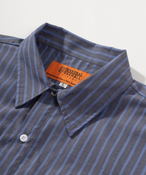 UNIVERSAL OVERALL（ユニバーサルオーバーオール）の「【UNIVERSAL OVERALL/ユニバーサルオーバーオール】ビッグシルエット ワンポイント ツイルワークストライプシャツ/半袖シャツ（シャツ/ブラウス・メンズ・ホワイト/ブルー/スミクロ・M/L/XL/XXL）」の6枚目の写真