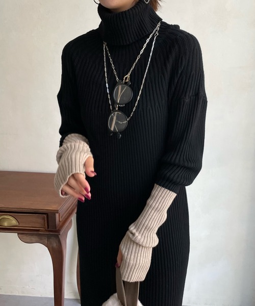 DouDou(ドゥドゥ)の「【WEB限定】袖配色タートルニットワンピース(ワンピース・レディース・ブラック/チャコールグレー/ベージュ・FREE)」の10枚目の写真