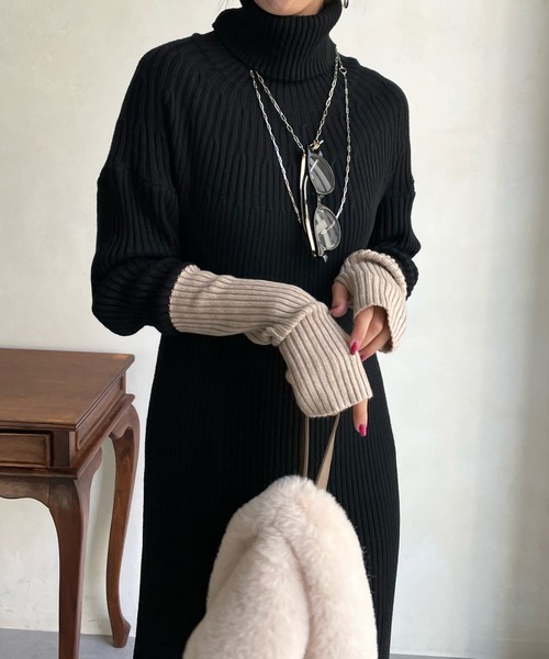 DouDou(ドゥドゥ)の「【WEB限定】袖配色タートルニットワンピース(ワンピース・レディース・ブラック/チャコールグレー/ベージュ・FREE)」の8枚目の写真