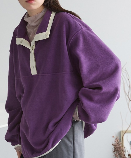 Chaco closet(チャコ クローゼット)の「バイカラーリングスナップボタン付きフリースプルオーバー(スウェット・レディース・アイボリー/ベージュ/パープル/グリーン/グレー/ブラック/オレンジ/ライトグレー・FREE)」の7枚目の写真