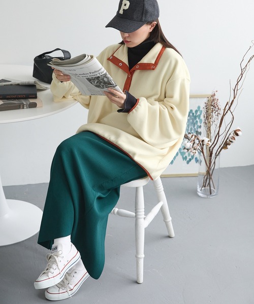 Chaco closet(チャコ クローゼット)の「バイカラーリングスナップボタン付きフリースプルオーバー(スウェット・レディース・アイボリー/ベージュ/パープル/グリーン/グレー/ブラック/オレンジ/ライトグレー・FREE)」の16枚目の写真