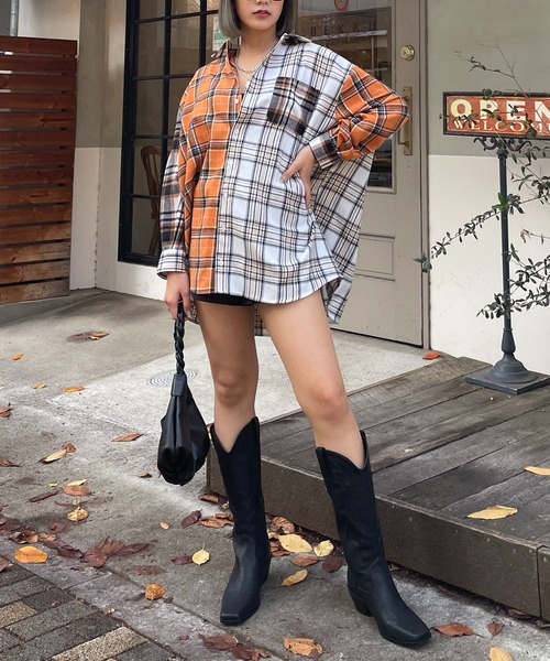 SPIRALGIRL（スパイラルガール）の「ミックスチェックシャツ（シャツ/ブラウス・レディース・グリーン系/オレンジ系・FREE）」の7枚目の写真