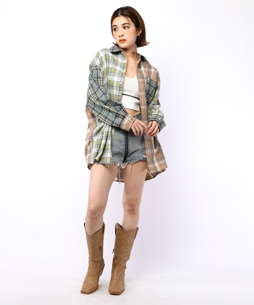 SPIRALGIRL（スパイラルガール）の「ミックスチェックシャツ（シャツ/ブラウス・レディース・グリーン系/オレンジ系・FREE）」の4枚目の写真