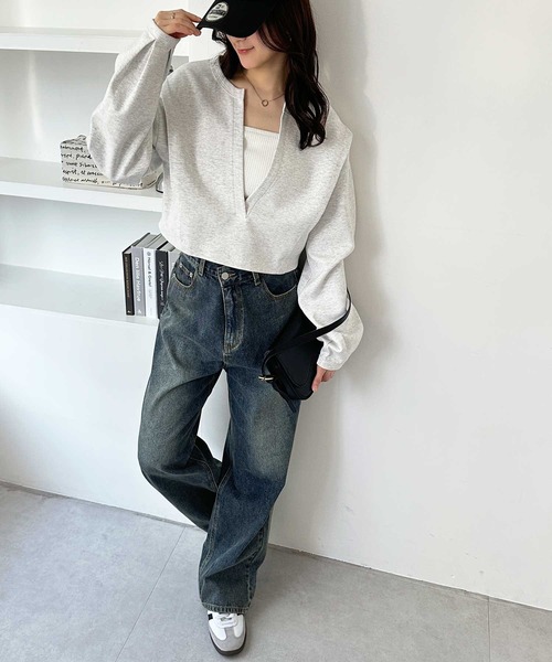 GeeRA（ジーラ）の「深Ｖネックショート丈ボリュームスウェット（スウェット・レディース・パープル/ブラック/杢グレー/オートミール・SMALL/MEDIUM/LARGE/X-LARGE）」の20枚目の写真