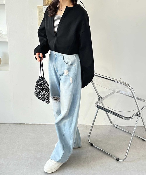 GeeRA（ジーラ）の「深Ｖネックショート丈ボリュームスウェット（スウェット・レディース・パープル/ブラック/杢グレー/オートミール・SMALL/MEDIUM/LARGE/X-LARGE）」の12枚目の写真