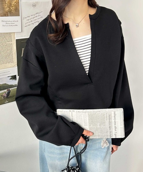 GeeRA（ジーラ）の「深Ｖネックショート丈ボリュームスウェット（スウェット・レディース・パープル/ブラック/杢グレー/オートミール・SMALL/MEDIUM/LARGE/X-LARGE）」の11枚目の写真