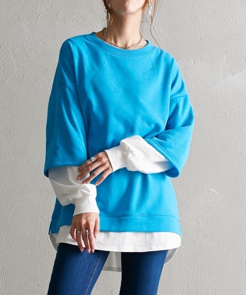 Soiunique（スワユニーク）の「ガーゼ裏毛　重ね着風長袖トップス ［Soiunique］（Tシャツ/カットソー・レディース・グリーン/グレイッシュベージュ/イエロー/ピンク/ブラック/ターコイズブルー・M/S/L/LL）」の5枚目の写真