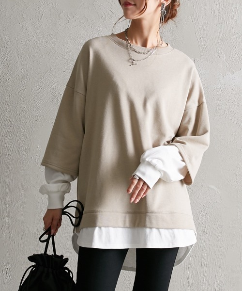 Soiunique（スワユニーク）の「ガーゼ裏毛　重ね着風長袖トップス ［Soiunique］（Tシャツ/カットソー・レディース・グリーン/グレイッシュベージュ/イエロー/ピンク/ブラック/ターコイズブルー・M/S/L/LL）」の3枚目の写真