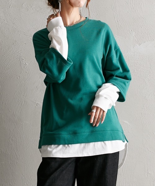 Soiunique（スワユニーク）の「ガーゼ裏毛　重ね着風長袖トップス ［Soiunique］（Tシャツ/カットソー・レディース・グリーン/グレイッシュベージュ/イエロー/ピンク/ブラック/ターコイズブルー・M/S/L/LL）」の4枚目の写真