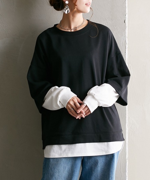 Soiunique（スワユニーク）の「ガーゼ裏毛　重ね着風長袖トップス ［Soiunique］（Tシャツ/カットソー・レディース・グリーン/グレイッシュベージュ/イエロー/ピンク/ブラック/ターコイズブルー・M/S/L/LL）」の2枚目の写真