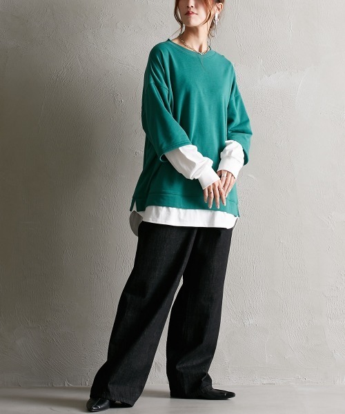 Soiunique（スワユニーク）の「ガーゼ裏毛　重ね着風長袖トップス ［Soiunique］（Tシャツ/カットソー・レディース・グリーン/グレイッシュベージュ/イエロー/ピンク/ブラック/ターコイズブルー・M/S/L/LL）」の7枚目の写真