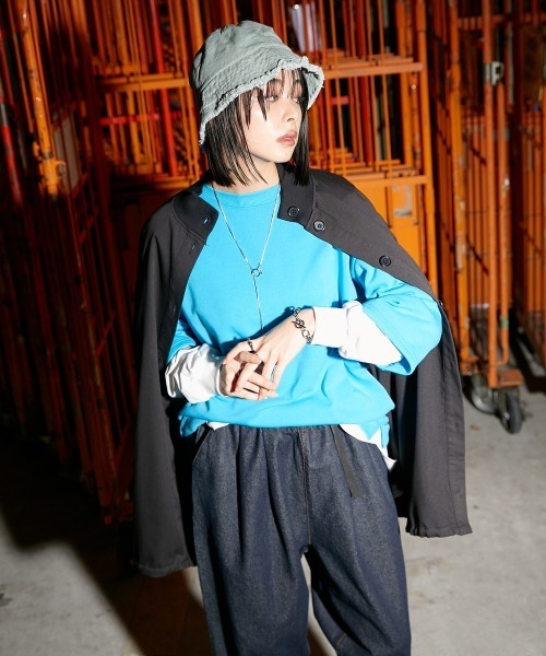 Soiunique（スワユニーク）の「ガーゼ裏毛　重ね着風長袖トップス ［Soiunique］（Tシャツ/カットソー・レディース・グリーン/グレイッシュベージュ/イエロー/ピンク/ブラック/ターコイズブルー・M/S/L/LL）」の12枚目の写真