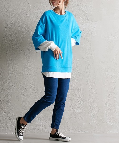 Soiunique（スワユニーク）の「ガーゼ裏毛　重ね着風長袖トップス ［Soiunique］（Tシャツ/カットソー・レディース・グリーン/グレイッシュベージュ/イエロー/ピンク/ブラック/ターコイズブルー・M/S/L/LL）」の14枚目の写真