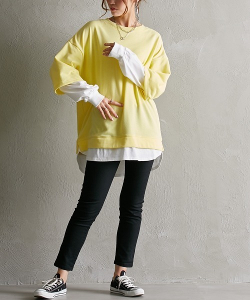 Soiunique（スワユニーク）の「ガーゼ裏毛　重ね着風長袖トップス ［Soiunique］（Tシャツ/カットソー・レディース・グリーン/グレイッシュベージュ/イエロー/ピンク/ブラック/ターコイズブルー・M/S/L/LL）」の22枚目の写真