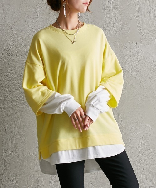 Soiunique（スワユニーク）の「ガーゼ裏毛　重ね着風長袖トップス ［Soiunique］（Tシャツ/カットソー・レディース・グリーン/グレイッシュベージュ/イエロー/ピンク/ブラック/ターコイズブルー・M/S/L/LL）」の16枚目の写真
