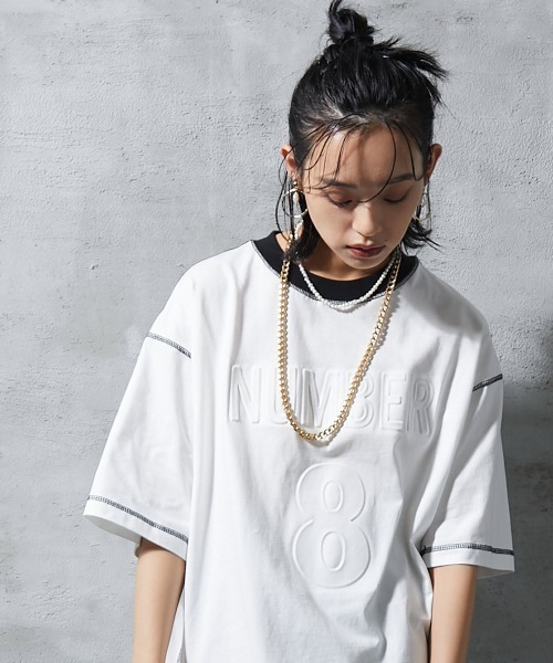 GEVS.（ジェイヴィス）の「＜大きいサイズ＞ 配色ステッチエンボス加工Tシャツ GEVS.（Tシャツ/カットソー・レディース・ブラック/オフホワイト・L/LL/3L/4L/5L）」の10枚目の写真