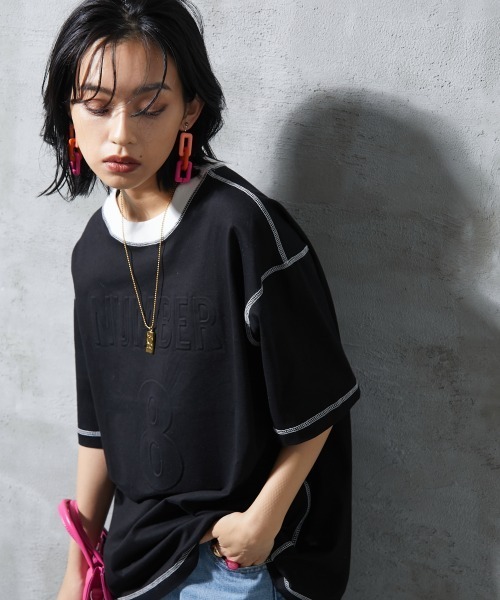 GEVS.（ジェイヴィス）の「＜大きいサイズ＞ 配色ステッチエンボス加工Tシャツ GEVS.（Tシャツ/カットソー・レディース・ブラック/オフホワイト・L/LL/3L/4L/5L）」の14枚目の写真