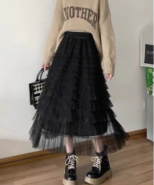 SpRay（スプレイ）の「チュールフリルロングスカート（スカート・レディース・ブラック/ベージュ/アイボリー/グレー・FREE）」の3枚目の写真